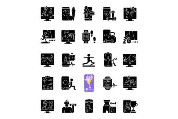 Online Fitness Apps Glyph Icons Bundle