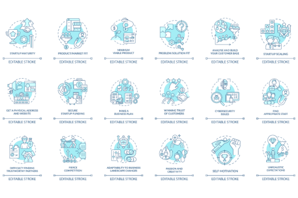 Startup Launch Blue Concept Icons Bundle Graphics